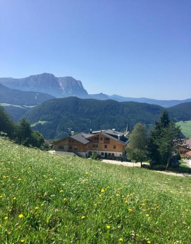 a house on a hill with a field of flowers at Pension Haus Tirol in Laion