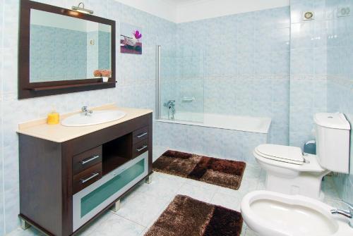 a bathroom with a sink and a toilet and a mirror at Góis - Casa Belas Vistas - Rio e Montanha na N2 in Góis