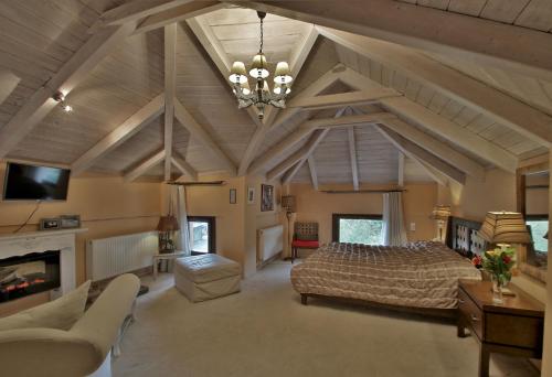 a large bedroom with a bed and a fireplace at Boutique Hotel Skamnos Arachova in Arachova