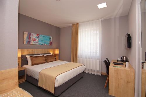 een slaapkamer met een bed en een bureau met een televisie bij Casa Constanza Hotel Garni in Friedrichshafen