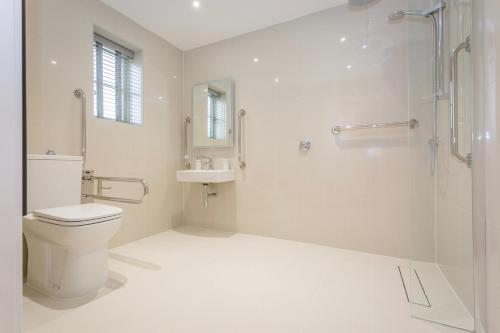 ein weißes Badezimmer mit Toilette und Dusche in der Unterkunft Briary Cottages at Iletts Farm in Brackley