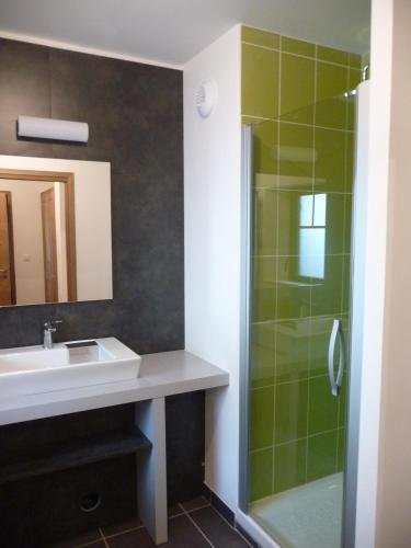 une salle de bain avec un lavabo et une douche dans l'établissement Le Petit Verger 104, à Saint-Lary-Soulan