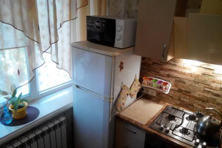 eine Küche mit einem Kühlschrank und einer Mikrowelle darüber in der Unterkunft Квартира посуточно на левом берегу in Nizhnedneprovsk