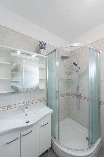 a bathroom with a shower and a sink and a tub at luxury apartment with garden jacuzzi and wellness in Trogir
