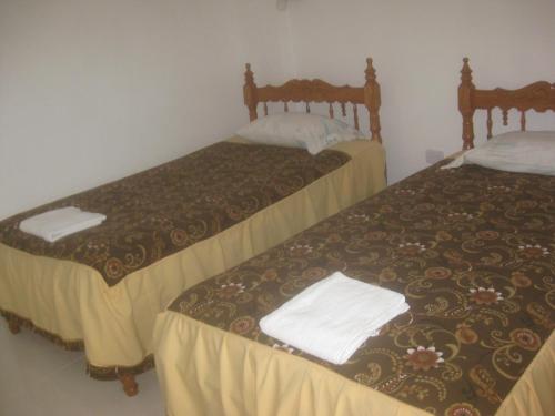 two beds sitting next to each other in a room at Hostal Camiluz in Nazca