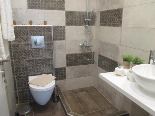 a bathroom with a shower and a toilet and a sink at Jolen House in Skala Kallirachis