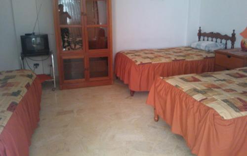 a room with two beds and a television in it at Hostal Camiluz in Nazca