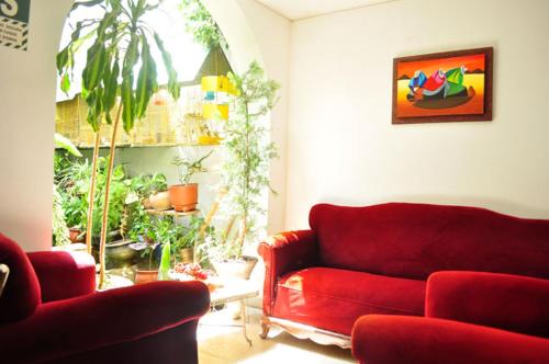 a living room with a red couch and plants at Hostal Camiluz in Nazca