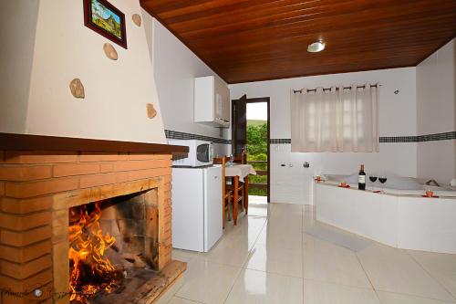 a kitchen with a fireplace and a stove at Chalés Leopoldo em Monte Verde in Monte Verde