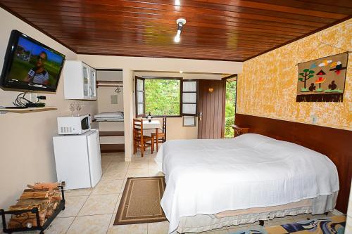 ein Schlafzimmer mit einem Bett und einem TV in der Unterkunft Chalés Leopoldo em Monte Verde in Monte Verde