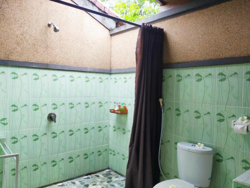 uma casa de banho com um chuveiro e um WC. em Asih Homestay em Pemuteran