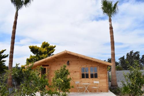 a log cabin with two palm trees at Cyprus Glamping Park in Ayios Theodhoros