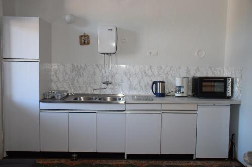 una cucina bianca con un lavello e un forno a microonde di Vila Černe a Bled