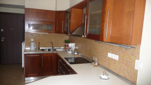 a kitchen with wooden cabinets and a counter top at Comfy Apartment in Platanes