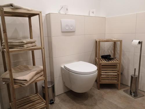 a bathroom with a white toilet and wooden shelves at Ferienwohnung "Am Kreuzfelsen" in Bestwig
