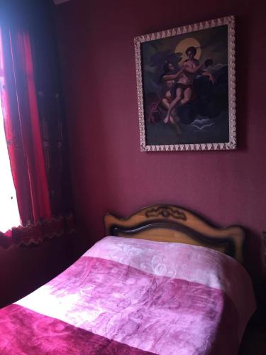 a bedroom with a pink bed with a picture on the wall at Boutique hotel in Poti