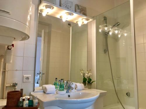 une salle de bain avec un lavabo et une douche avec un miroir dans l'établissement Carousel, à Antibes