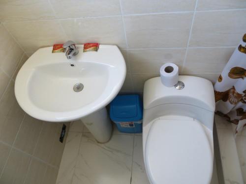 a bathroom with a white sink and a toilet at La Casa De Yoni in Puno