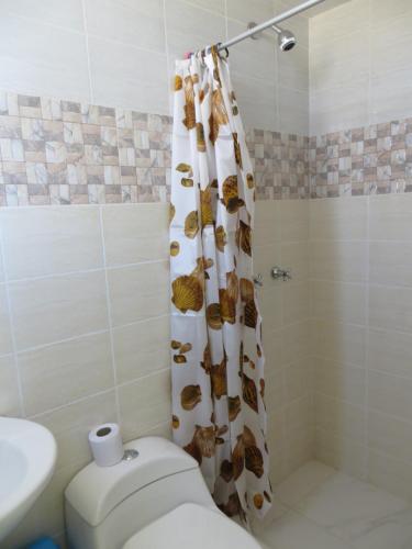 a bathroom with a shower curtain and a toilet at La Casa De Yoni in Puno