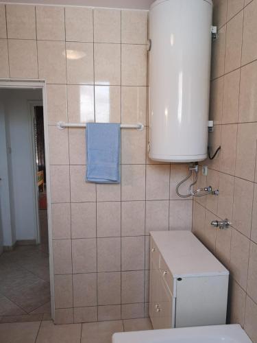 a bathroom with a toilet and a blue towel at David in 4 in Primošten