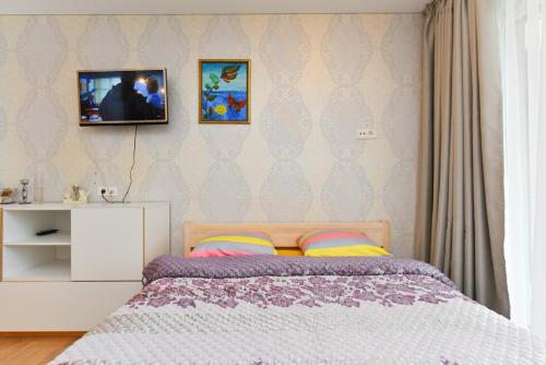 una camera da letto con un letto e una TV a parete di Tatjanos apartamentai a Palanga