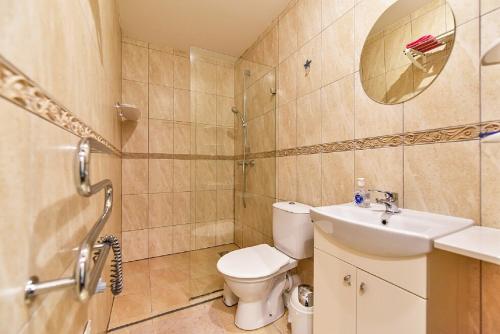 y baño con aseo, lavabo y ducha. en Tatjanos apartamentai, en Palanga