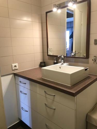 a bathroom with a white sink and a mirror at Appartement T2 - Proche RER in Sartrouville