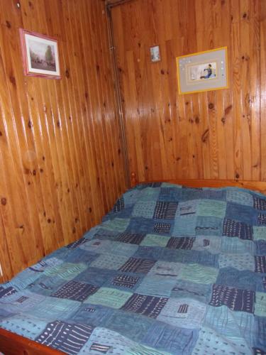 1 dormitorio con 1 cama en una pared de madera en shirley en Villars-les-Dombes