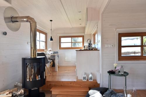 トリーアにあるTiny House Dreischwesternherzの小さな家の中に暖炉付きのリビングルーム