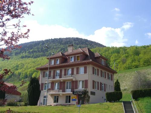 a large building on a hill with a mountain at Auberge Pour Tous in Vallorbe