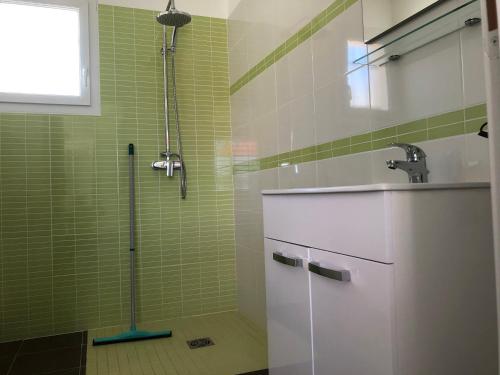 une salle de bain avec douche et lavabo dans l'établissement Résidence Château Saint Martin, à Saint-Martin-dʼArdèche