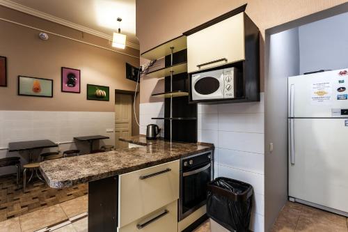 a kitchen with a refrigerator and a microwave at Leosphere Hostel in Lviv
