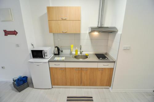 a small kitchen with a sink and a microwave at Torus Apartments in Sarajevo