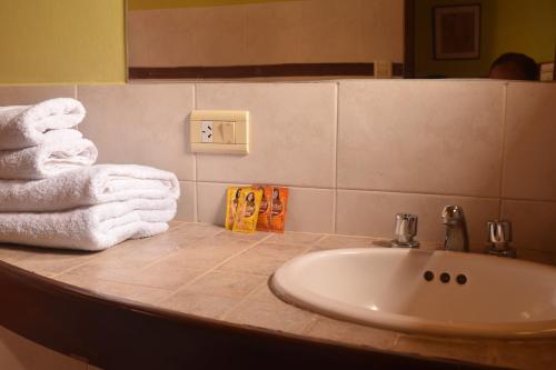 uma casa de banho com lavatório e toalhas num balcão em Terrazas Del Lago em Cabra Corral