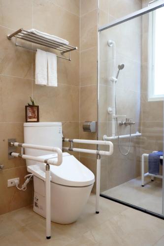 a bathroom with a toilet and a shower at Little Piggy B&B in Manzhou