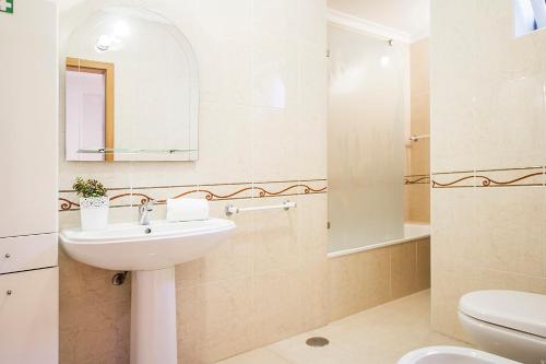 アヴェイロにあるEnjoy Aveiro Apartmentのバスルーム(洗面台、トイレ、鏡付)
