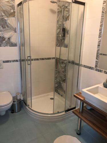 a shower in a bathroom with a toilet and a sink at Hotel Harmonia in Partizánska ľupča