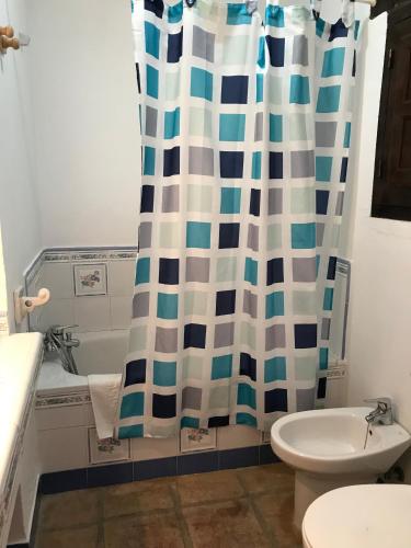 a bathroom with a toilet and a shower curtain at Casa Rural Albahaca in Jimera de Líbar