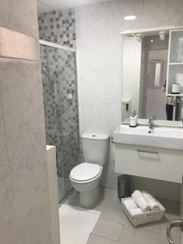 y baño con aseo, lavabo y ducha. en Estudio Torremolinos, en Torremolinos