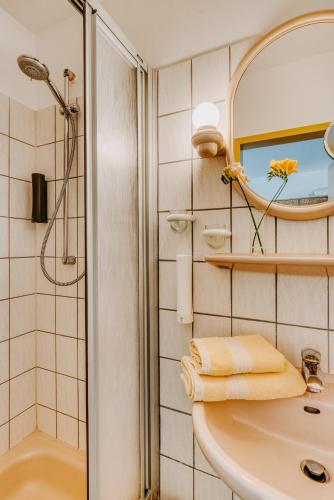 a bathroom with a shower and a sink and a mirror at Hotel Restaurant 7 Berge am Schlehberg in Alfeld