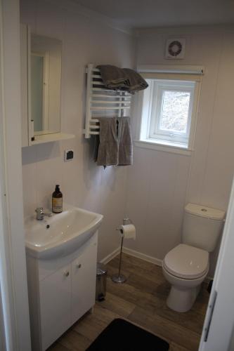 a bathroom with a sink and a toilet and a window at Stuga på Hammarbergs Gård in Kungsbacka
