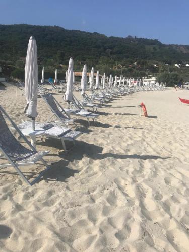 a row of lounge chairs with umbrellas on a beach at Esclusiva villa sul mare Tropea in Parghelia