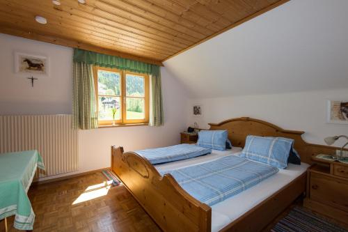 a bedroom with two beds and a window at Hüttstädterhof Familie Pötsch in Aigen im Ennstal