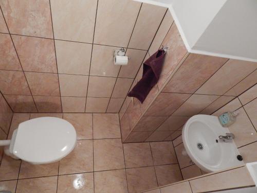 a bathroom with a toilet and a sink at Tündér Szálló Eplény in Eplény
