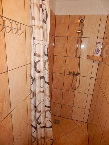 a shower with a shower curtain in a bathroom at Tündér Szálló Eplény in Eplény