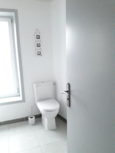 a bathroom with a toilet and a window at Tiguil in Le Guilvinec