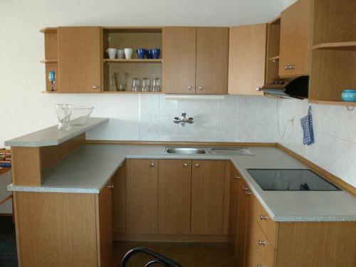 an empty kitchen with wooden cabinets and a sink at Holiday House Smetánek in Bruntál