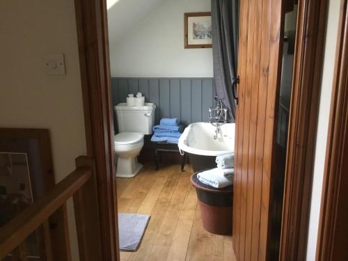 a bathroom with a white sink and a toilet at Perthi Uchaf in Llanberis