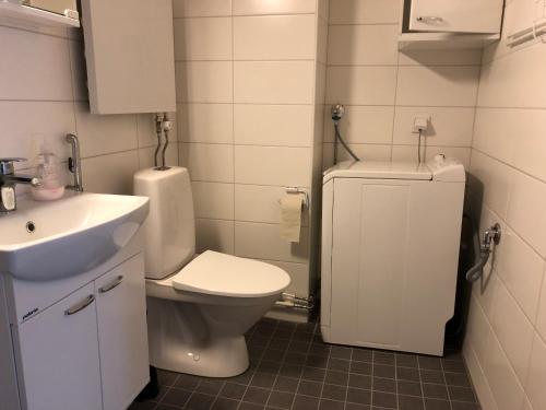 y baño con aseo blanco y lavamanos. en City Apartments Turku - 1 Bedroom Apartment with private sauna, en Turku