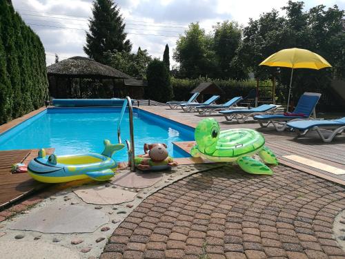 a swimming pool with a toy turtle and an inflatable turtle sidx sidx at Apartament w Domu Wypoczynkowym Zacisze in Stegna